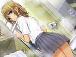  ass blonde_hair blush carrot_hair_ornament changing_room dutch_angle food_themed_hair_ornament hair_ornament laundry_basket looking_at_viewer looking_back original short_hair skirt smile solo yellow_eyes yoropa 