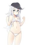  bare_shoulders bikini blue_eyes clenched_hands flat_chest hat hibiki_(kantai_collection) highres kantai_collection long_hair looking_at_viewer matsunoki_(unknown_751) navel solo swimsuit white_bikini white_hair 