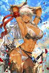  ;d abs armor armored_boots armpits arms_behind_head arms_up axe battle_axe bikini_armor blue_eyes boots breasts dark_skin gauntlets highres large_breasts long_hair looking_at_viewer o-ring o-ring_bottom one_eye_closed open_mouth original overhead_swing ran'ou_(tamago_no_kimi) red_hair sharp_teeth sideboob smile solo sword teeth thigh_boots thighhighs toned weapon 