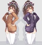  alternate_costume ashigara_(kantai_collection) breasts brown_eyes brown_hair cardigan cleavage_cutout commentary_request dual_persona garter_straps hair_between_eyes hairband headwear highres kantai_collection long_sleeves looking_at_viewer medium_breasts multiple_girls no_pants open_mouth school_uniform simple_background tebi_(tbd11) thighhighs white_legwear 