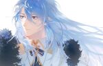  1boy black_fur blue_eyes buttons chinese_commentary closed_mouth collared_shirt commentary_request edmond_(nu_carnival) floating_hair fur_trim hair_behind_ear hair_between_eyes highres long_hair looking_to_the_side male_focus neck_ribbon nu_carnival ribbon shirt simple_background solo upper_body white_background wing_collar yellow_trim your_yanjiu 