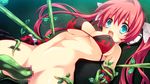  1girl aqua_eyes black_bra bottomless bow bra breasts censored gloves hair_bow long_hair long_twintails lying medium_breasts navel no_panties on_back open_mouth pussy red_bra red_hair solo striped striped_gloves twintails white_bow 