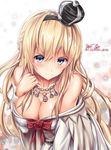  3: bare_shoulders blonde_hair blue_eyes blush braid breasts character_name cleavage closed_mouth commentary_request crown cursive dress england english english_flag flower french_braid frown hair_between_eyes hairband jewelry kantai_collection large_breasts leaning_forward long_hair long_sleeves looking_at_viewer mini_crown necklace off-shoulder_dress off_shoulder red_flower red_ribbon red_rose revision ribbon rose solo sweat tama_satou v-shaped_eyebrows warspite_(kantai_collection) white_dress 