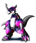  armor black_skin blackflamedramon bulge claws clothing cute_fangs digimon front_view horn open_mouth scalie simple_background smile solo soukouryu standing teeth tongue 