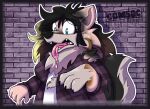 anthro bodily_fluids canid canine clothed clothing com50c digital_media_(artwork) drooling female feral fur hair human mammal open_mouth saliva simple_background solo species_transformation tail transformation