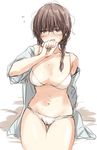  arm_behind_back ass_visible_through_thighs bed_sheet blush bra braid breasts brown_eyes brown_hair flying_sweatdrops glasses hair_over_shoulder hand_to_own_mouth highres long_hair matsuda_hikari medium_breasts navel no_pants open_clothes open_mouth open_shirt original panties shirt sitting sketch solo sweat thigh_gap twin_braids underwear undressing white_bra white_panties 