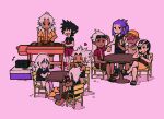  6+boys adjusting_eyewear alternate_costume annoyed ansem_seeker_of_darkness barefoot black_eyes black_footwear black_hair black_shirt black_shorts black_tank_top blue_hair burger chibi closed_eyes commentary cooking cooler crocs crossed_arms crossed_legs cup dark-skinned_male dark_road dark_skin drinking_straw eating elbow_rest english_commentary expressionless eyepatch eyewear_on_head facing_away food full_body grey_facial_hair grey_hair grey_shirt grill grilling hand_on_own_face handheld_game_console hands_up happy hawaiian_shirt heart heart-shaped_eyewear highres holding holding_cup holding_food in-franchise_crossover juice kingdom_hearts kingdom_hearts_birth_by_sleep kingdom_hearts_dark_road kingdom_hearts_i kingdom_hearts_ii leg_hair light_smile long_hair looking_down looking_to_the_side male_focus master_xehanort multicolored_hair multiple_boys musical_note on_chair open_clothes open_mouth open_shirt orange_eyes orange_footwear orange_hair pants pink_background playing_games polo_shirt ponytail red_footwear red_pants red_shirt red_shorts riku_(kingdom_hearts) saix saliva sandals scar scar_on_cheek scar_on_face shadow shirt short_hair short_sleeves shorts sidelocks sitting sleeveless sleeveless_shirt snoozaga speaker spiked_hair spoken_heart streaked_hair summer t-shirt table tank_top terra-xehanort time_paradox vanitas_(kingdom_hearts) white_shorts xehanort xemnas xigbar 