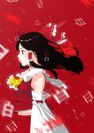  arms_at_sides ascot black_hair bow breasts closed_mouth commentary_request detached_sleeves expressionless eyelashes frilled_bow frilled_shirt_collar frills hair_bow hair_tubes hakurei_reimu highres kanji kitano_(kitanosnowwhite) layered_clothing medium_breasts midriff profile red_background red_eyes red_shirt red_skirt ribbon-trimmed_sleeves ribbon_trim shirt signature skirt solo touhou translated upper_body wide_sleeves wind 