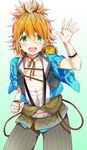  aina123 animal animal_on_shoulder fang green_eyes japanese_clothes kamekichi male_focus open_mouth orange_hair sarashi smile touken_ranbu turtle urashima_kotetsu 