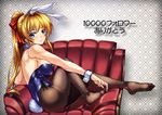  animal_ears armchair bare_shoulders blonde_hair blue_eyes blue_leotard blush bow breasts bunny_ears bunny_girl bunny_tail bunnysuit chair couch detached_collar fake_animal_ears fishnet_pantyhose fishnets from_side hair_bow highres leotard long_hair medium_breasts no_shoes original pantyhose shirokuma_a sideboob solo tail wrist_cuffs 