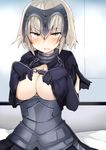  armor bed_sheet black_gloves blonde_hair blush breasts chain cleavage elbow_gloves fate/grand_order fate_(series) gloves headpiece highres jeanne_d'arc_(alter)_(fate) jeanne_d'arc_(fate)_(all) large_breasts looking_at_viewer revision sabujiroko short_hair solo sweatdrop underboob yellow_eyes 