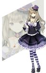  bow choker dress earrings frilled_dress frills gloves grey_hair hat jewelry juliet_sleeves kishida_mel lolita_fashion long_hair long_sleeves looking_at_viewer necklace original puffy_sleeves purple_eyes shoes simple_background standing striped striped_legwear white_gloves 