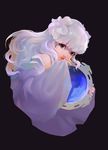  1girl bangs black_background blunt_bangs brown_eyes hair_flower inuyasha japanese_clothes kanna_(inuyasha) kimono looking_at_viewer mirror monster_girl off_shoulder simple_background solo white_hair white_kimono 