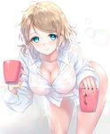  blue_eyes bottomless breasts brown_hair bubble cleavage cup gorua_(youce01) large_breasts leaning_forward looking_at_viewer love_live! love_live!_sunshine!! messy_hair mug revision shirt short_hair smile solo watanabe_you wet wet_clothes white_shirt 