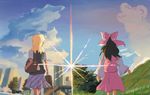  bag blonde_hair bow brown_hair city cloud commentary_request day detached_sleeves diffraction_spikes erisauria from_behind hair_bow hair_tubes hakurei_reimu kimi_no_na_wa kirisame_marisa landscape long_sleeves multiple_girls outdoors parody ribbon-trimmed_sleeves ribbon_trim skirt skirt_set sky touhou wide_sleeves 