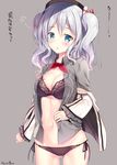  bad_id bad_pixiv_id beret black_bra black_panties blue_eyes blush bra breasts check_translation cleavage collarbone frilled_sleeves frills hat jacket kantai_collection kashima_(kantai_collection) kerchief lace lace-trimmed_bra lace-trimmed_panties large_breasts long_hair looking_at_viewer military military_uniform navel open_clothes open_shirt panties shirt side-tie_panties sidelocks silver_hair solo sousouman translation_request tsurime twintails underwear undressing uniform wavy_hair 