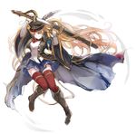  ascot bandaid bandaid_on_face bangs black_coat black_hat blonde_hair blue_skirt boots breasts brown_eyes brown_footwear closed_mouth coat feathers full_body granblue_fantasy hat hat_feather holding holding_sword holding_weapon knees_together_feet_apart long_hair long_sleeves medium_breasts military military_uniform miniskirt monica_weisswind open_clothes open_coat pleated_skirt red_legwear sheath shirt simple_background skirt smile solo sword thighhighs twintails uniform unsheathing weapon white_background white_shirt wide_sleeves yukihiko_(tyabobo) zettai_ryouiki 