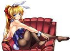  animal_ears armchair bare_shoulders blonde_hair blue_eyes blue_leotard blush bow breasts bunny_ears bunny_girl bunny_tail bunnysuit chair couch detached_collar fake_animal_ears fishnet_pantyhose fishnets from_side hair_bow highres leotard long_hair medium_breasts no_shoes original pantyhose shirokuma_a sideboob simple_background solo tail white_background wrist_cuffs 