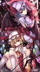  ascot bat_wings blonde_hair blue_hair bow broken_glass brooch convenient_leg crystal flandre_scarlet glass hat hat_bow hat_ribbon highres janne_cherry jewelry laevatein long_hair mob_cap multiple_girls puffy_short_sleeves puffy_sleeves red_eyes remilia_scarlet ribbon short_sleeves siblings side_ponytail sisters skirt skirt_set smile touhou wings 