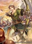  arrow bandana bindi bow_(weapon) brown_hair castle company_name faceless faceless_male facial_mark fire_emblem fire_emblem:_seisen_no_keifu fire_emblem_cipher forehead_mark gloves helmet jamka_(fire_emblem) male_focus official_art open_mouth orange_eyes sky solo_focus takaya_tomohide teeth weapon 