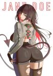  1girl animal_ears aqua_eyes ass black_gloves black_hair black_pantyhose black_shorts black_thighhighs character_name cowboy_shot fake_nails fingerless_gloves from_behind fur-trimmed_jacket fur_trim garter_straps gloves grey_jacket highres jacket jane_doe_(zenless_zone_zero) long_hair looking_at_viewer looking_back mouse_ears mouse_girl mouse_tail multicolored_hair pantyhose red_hair red_nails s7nsles shorts simple_background solo tail thighhighs thighs torn_clothes torn_pantyhose torn_thighhighs two-tone_hair white_background zenless_zone_zero 