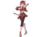  1girl black_choker black_pants breasts choker cleavage closed_mouth crossover dual_wielding elf final_fantasy final_fantasy_xi full_body granblue_fantasy hair_ornament high_heels holding holding_knife knife lilisette official_art pants pointy_ears red_hair red_skirt skirt smile solo third-party_source transparent_background 