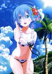  absurdres artist_request bikini blue_eyes blue_hair blush breasts cloud collarbone cowboy_shot day flower frilled_bikini frills hair_flower hair_ornament hair_tucking hairclip hand_on_own_face hand_on_thigh highres looking_at_viewer maid_bikini medium_breasts navel official_art open_mouth outdoors palm_tree re:zero_kara_hajimeru_isekai_seikatsu rem_(re:zero) round_teeth short_hair sky smile solo standing swimsuit teeth tree wet wind x_hair_ornament 