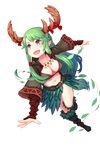  :d antlers belt black_footwear black_legwear blue_eyes boots breasts cleavage fang foxfoot full_body green_hair highres long_hair medium_breasts midriff navel official_art open_mouth running shanti_(soccer_spirits) smile soccer_spirits solo tooth_necklace transparent_background very_long_hair 