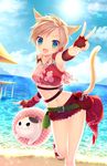  :d animal_ears beach belt blonde_hair blue_eyes blush breasts cat_ears cat_tail cloud contrapposto day dock dutch_angle fang fat_cat_(ff14) final_fantasy final_fantasy_xiv fingerless_gloves gloves head_tilt highres innertube leg_up lens_flare medium_breasts minatsuki_alumi miqo'te navel open_mouth outdoors outstretched_arm red_gloves sandals short_hair sky smile solo sparkle standing tail v v-shaped_eyebrows water 