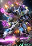 battle beam_rifle char&#039;s_counterattack commentary_request damaged electricity energy_gun exhaust explosion fin_funnels geara_doga glowing glowing_eyes green_eyes gun gundam gundam_arsenal_base holding holding_gun holding_weapon mecha mobile_suit no_humans nu_gundam official_art robot science_fiction space thrusters v-fin weapon yamataka_(blenderkame) 