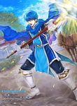  artist_name blue_eyes blue_hair boots cape company_name day finn_(fire_emblem) fire_emblem fire_emblem:_seisen_no_keifu fire_emblem_cipher gloves grass horse male_focus official_art open_mouth polearm shiki_karuta sky solo spear teeth tree weapon 