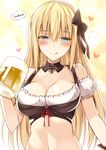  alcohol alternate_costume anchor anchor_earrings bangs beer beer_mug bismarck_(kantai_collection) black_bow blonde_hair blue_eyes blush bow breasts cleavage cross cup detached_sleeves dirndl drunk earrings german german_clothes hair_bow half-closed_eyes heart holding holding_cup jewelry kantai_collection licking_lips long_hair looking_at_viewer medium_breasts navel oota_yuuichi red_ribbon ribbon smile solo tongue tongue_out upper_body 
