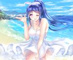  bad_id bad_pixiv_id beach blue_hair blush breasts cleavage day dress gorua_(youce01) large_breasts long_hair looking_at_viewer love_live! love_live!_sunshine!! matsuura_kanan one_eye_closed open_mouth ponytail purple_eyes revision shore smile solo white_dress 