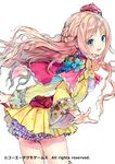  atelier_(series) atelier_meruru blue_eyes blush bow cape copyright_name crown detached_sleeves dress flower juliet_sleeves kishida_mel long_hair long_sleeves looking_at_viewer looking_back merurulince_rede_arls official_art pink_hair puffy_sleeves red_bow short_dress simple_background skirt solo white_background white_bloomers yellow_skirt 