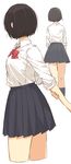  arms_behind_back black_hair bow bowtie collared_shirt cropped_legs from_behind from_side highres holding_arm long_sleeves looking_to_the_side matsuda_hikari multiple_views original pleated_skirt school_uniform shirt short_hair skirt sleeves_pushed_up white_background 