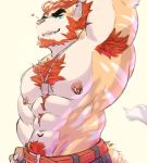  &lt;3 anthro armpit_hair beard body_hair chest_hair clothed clothing dog_tags facial_hair felid looking_at_viewer male mammal muscular muscular_male nipple_piercing nipples open_mouth pantherine pecs piercing pubes smile solo soraa tiger topless 