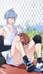  1boy ball bare_shoulders basketball_(object) blue_eyes blue_hair chain-link_fence chinese_commentary collarbone commentary_request compression_sleeve edmond_(nu_carnival) fence hair_between_eyes hair_over_shoulder highres holding holding_ball knees_up long_hair looking_at_viewer male_focus multicolored_footwear nu_carnival parted_lips plant shoelaces shoes shorts sitting sneakers solo sweat sweatdrop tank_top tree white_shorts white_tank_top your_yanjiu 