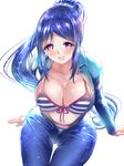  :d bikini blue_hair blush breasts eyebrows_visible_through_hair gorua_(youce01) large_breasts long_hair looking_at_viewer love_live! love_live!_sunshine!! matsuura_kanan md5_mismatch open_mouth ponytail purple_eyes revision simple_background sitting smile solo striped striped_bikini swimsuit very_long_hair wetsuit white_background 