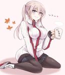  ayunosu blonde_hair blue_eyes blush breasts cup eyebrows eyebrows_visible_through_hair full_body graf_zeppelin_(kantai_collection) iron_cross kantai_collection large_breasts looking_at_viewer pantyhose sitting smile solo sweater twintails 