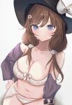  1girl :3 absurdres alternate_hair_length alternate_hairstyle bikini black_hat blue_eyes blush breasts brown_hair cleavage collarbone flower flower_hairpin granblue_fantasy hair_between_eyes hair_flower hair_ornament hair_scrunchie hand_on_own_hip hat highres large_breasts midriff navel raziel_(granblue_fantasy) raziel_(summer)_(granblue_fantasy) ri_shan ribbon scrunchie smile stomach swimsuit white_background white_bikini white_flower white_ribbon white_scrunchie 