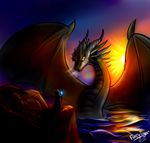  2016 digital_media_(artwork) dragon duo evening fantasy female feral furrytiger_2012 light magic sea sun sunset water wave wings 