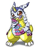  ambiguous_gender canine cute_fangs digimon front_view fur gabumon horn lizard looking_at_viewer mammal naughty_face open_mouth pelt pinup pose reptile scalie simple_background slightly_chubby solo soukouryu stripes teeth tongue white_background 