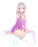  bangs bare_legs barefoot between_legs blunt_bangs blush_scarlet breasts cleavage closed_mouth colored_eyelashes crystal detached_sleeves dress elf emilia_(re:zero) eyebrows eyebrows_visible_through_hair frilled_dress frills grey_hair hair_down long_hair looking_at_viewer medium_breasts nightgown on_bed pointy_ears purple_dress purple_eyes re:zero_kara_hajimeru_isekai_seikatsu revision short_dress silver_hair simple_background sitting sketch solo white_background 