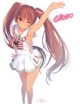 ;) arm_up armpits bare_arms bare_legs bare_shoulders bow brown_eyes brown_hair closed_mouth dress eyebrows eyebrows_visible_through_hair hair_ribbon highres kantai_collection libeccio_(kantai_collection) light_smile long_hair looking_at_viewer looking_up one_eye_closed ribbon sailor_dress simple_background sleeveless smile solo striped striped_bow tebi_(tbd11) twintails white_background 