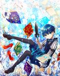  amano-sora black_legwear blue_eyes blue_hair book bow bowtie cherry_blossoms fate/extra fate/extra_ccc fate_(series) floating hans_christian_andersen_(fate) high_heels highres ice long_sleeves looking_at_viewer male_focus quill shorts snowflakes solo sparkle vest 