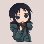  1girl arm_at_side bangs bite_mark black_eyes black_hair chewing chibi chito_(shoujo_shuumatsu_ryokou) closed_mouth cropped_torso eating eyebrows_visible_through_hair green_coat hair_over_shoulder hand_up hatching_(texture) highres holding hood hood_down hooded_coat light_blush long_sleeves looking_at_viewer low_twintails no_nose pink_background pocket raised_eyebrows short_bangs shoujo_shuumatsu_ryokou simple_background smile solo tareme twintails upper_body zarameru_(tsukumo) 