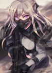  1girl absurdres ak-12 ak-12_(girls_frontline) assault_rifle bangs black_ribbon braid caiman-pool cape finger_on_trigger floating framed_breasts french_braid girls_frontline gloves glowing glowing_eyes gun highres holding holding_gun holding_weapon jacket long_hair long_sleeves looking_at_viewer mask purple_eyes ribbon rifle sidelocks silver_hair solo trigger_discipline weapon 