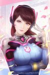  alternate_breast_size animal_print bangs bodysuit bracer breasts brown_eyes brown_hair bunny_print chinese closed_mouth d.va_(overwatch) facepaint facial_mark gloves hand_to_head hand_up headphones large_breasts lips lipstick long_hair long_sleeves makeup overwatch pauldrons pilot_suit pink_lipstick ribbed_bodysuit shoulder_pads skin_tight smile solo turtleneck upper_body watermark web_address whisker_markings white_gloves zhai_xiao_fei 