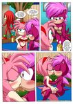  amy_rose anthro bbmbbf big_breasts bikini breasts cleavage clothed clothing comic echidna english_text female female/female group hedgehog kissing knuckles_the_echidna male mammal monotreme sonia_the_hedgehog sonic_(series) swimsuit text 
