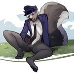  2016 anthro balls bottomless circumcised clothed clothing eyes_closed glans grass grey_tail hair hat humanoid_penis male mammal masturbation necktie open_mouth outside pawpads paws penis salkitten sitting skunk skunk_tail solo teeth tongue two_tone_tail white_hair white_tail wick 